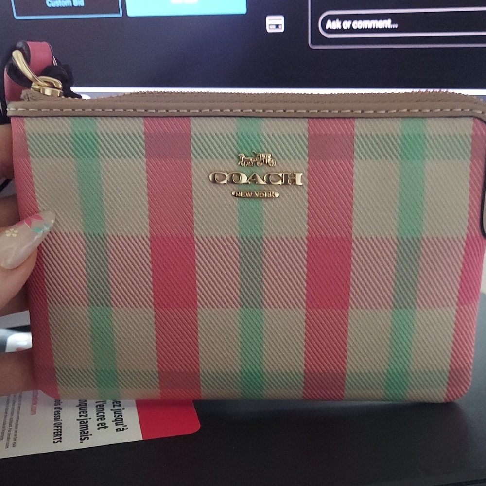 Coach Pink and Green Plaid Wristlet - Picture 1 of 2